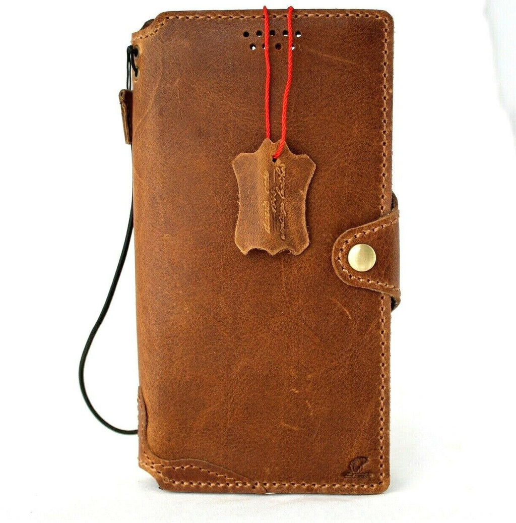 Handmade tan leather wallet case for Samsung Galaxy S21 Ultra 5G with rubber holder, wireless charging compatible, by DAVISCASE.