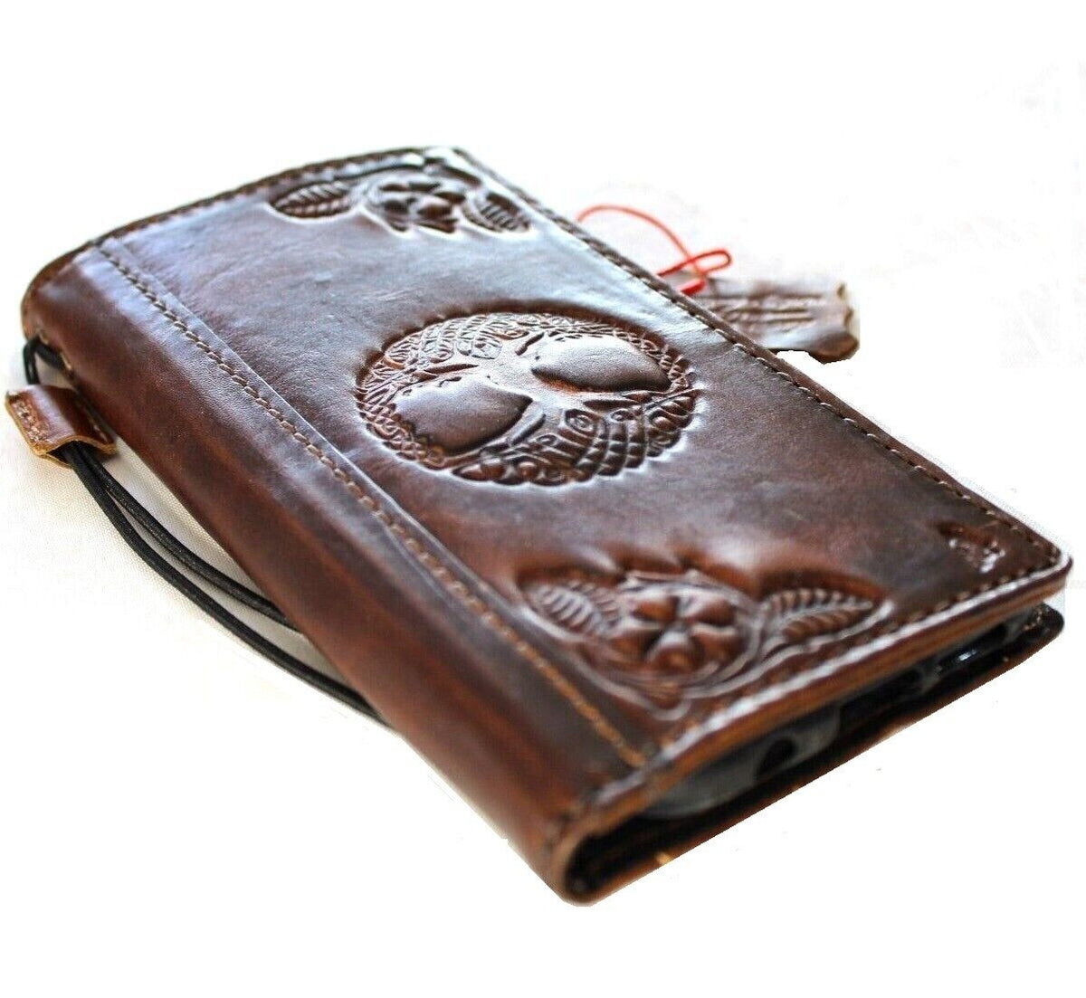 Handmade genuine leather phone case with vintage Tree of Life design for Samsung Galaxy and Note models, includes wallet and credit cover.