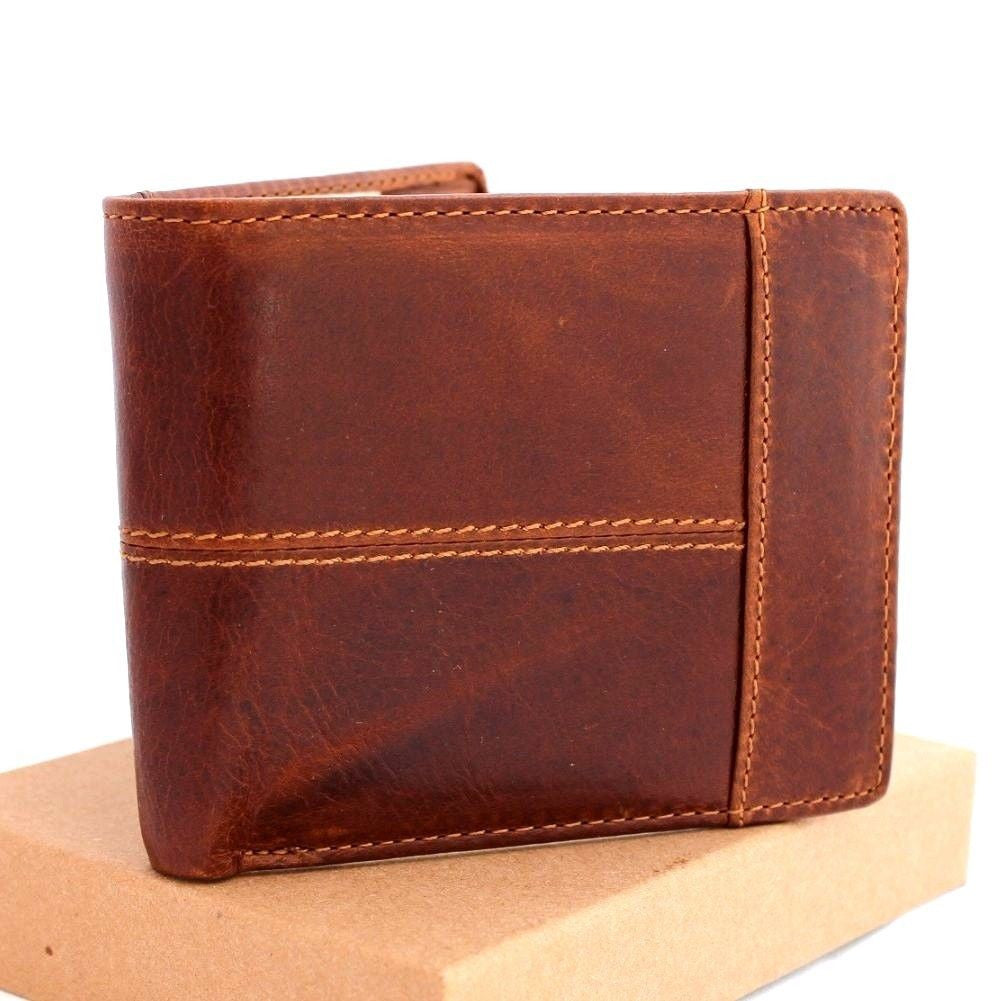 Men's tan DAVISCASE full leather wallet with 8 credit card slots, ID window, and 2 bill sections in a bi-fold design.