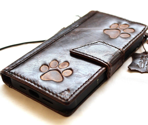 Genuine Leather Case Wallet For Apple iPhone 11 12 13 14  15 Pro Max 7 8 plus SE XS Book Vintage Handcraft Dog Paw Dark Style Credit Card Slots Cover Wireless Full Grain Davis luxury Tiger stamping Cat