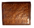 Men's genuine leather wallet by DAVISCASE with carved brown design, credit card slots, and bill compartment, featuring a handcrafted cracked finish.