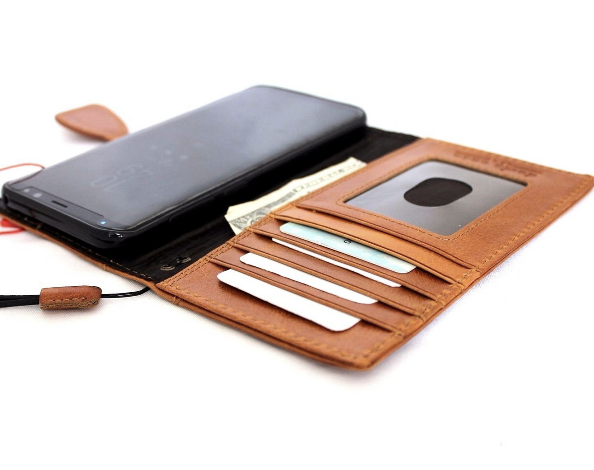 Vintage brown leather Samsung Galaxy S8 Plus wallet case with magnetic strap, slim, handmade phone cover with card slots.