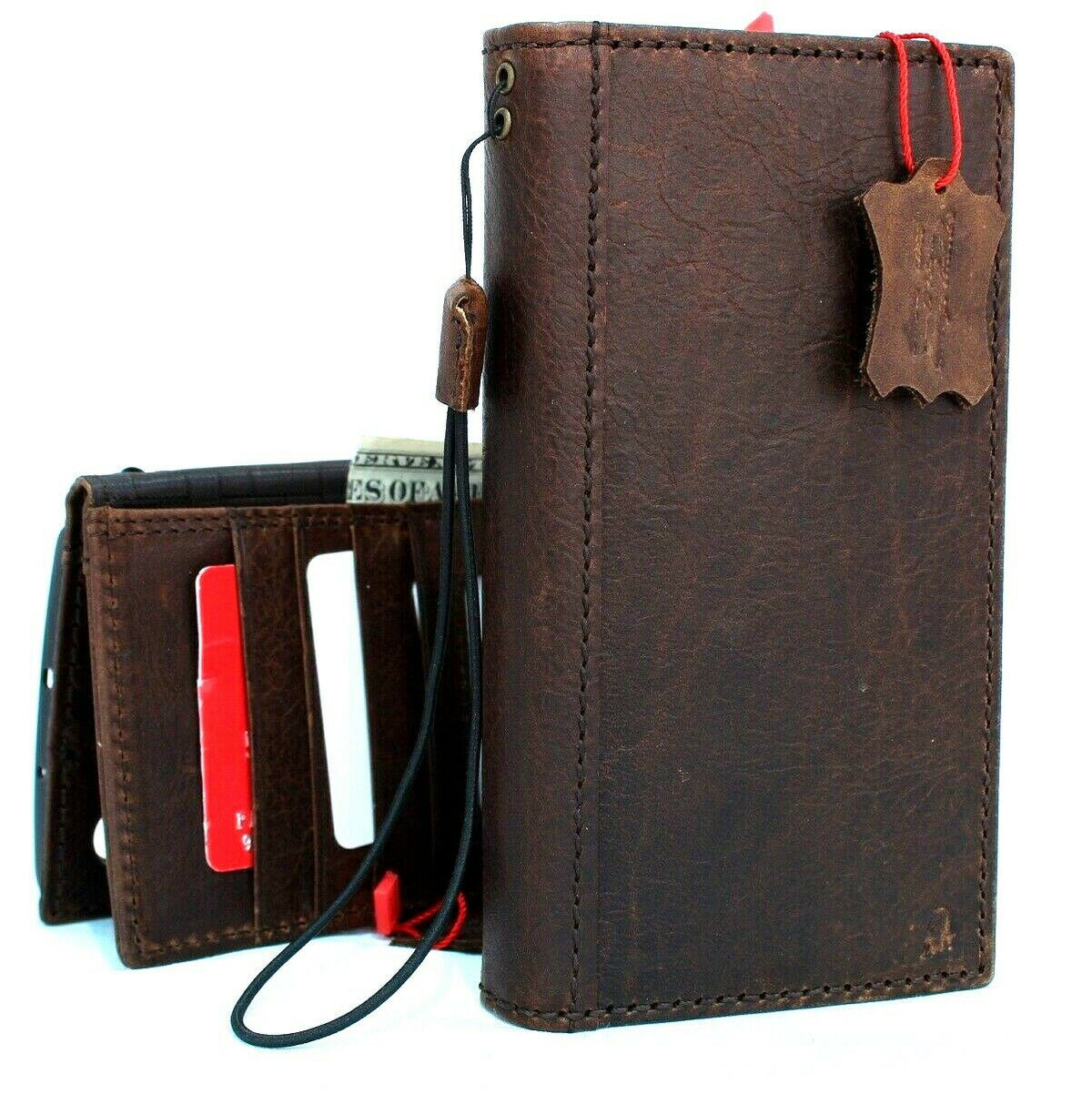 Genuine full leather Samsung Galaxy Note 10 case with slots, rubber holder, stand, and window feature in a slim, luxury book style.