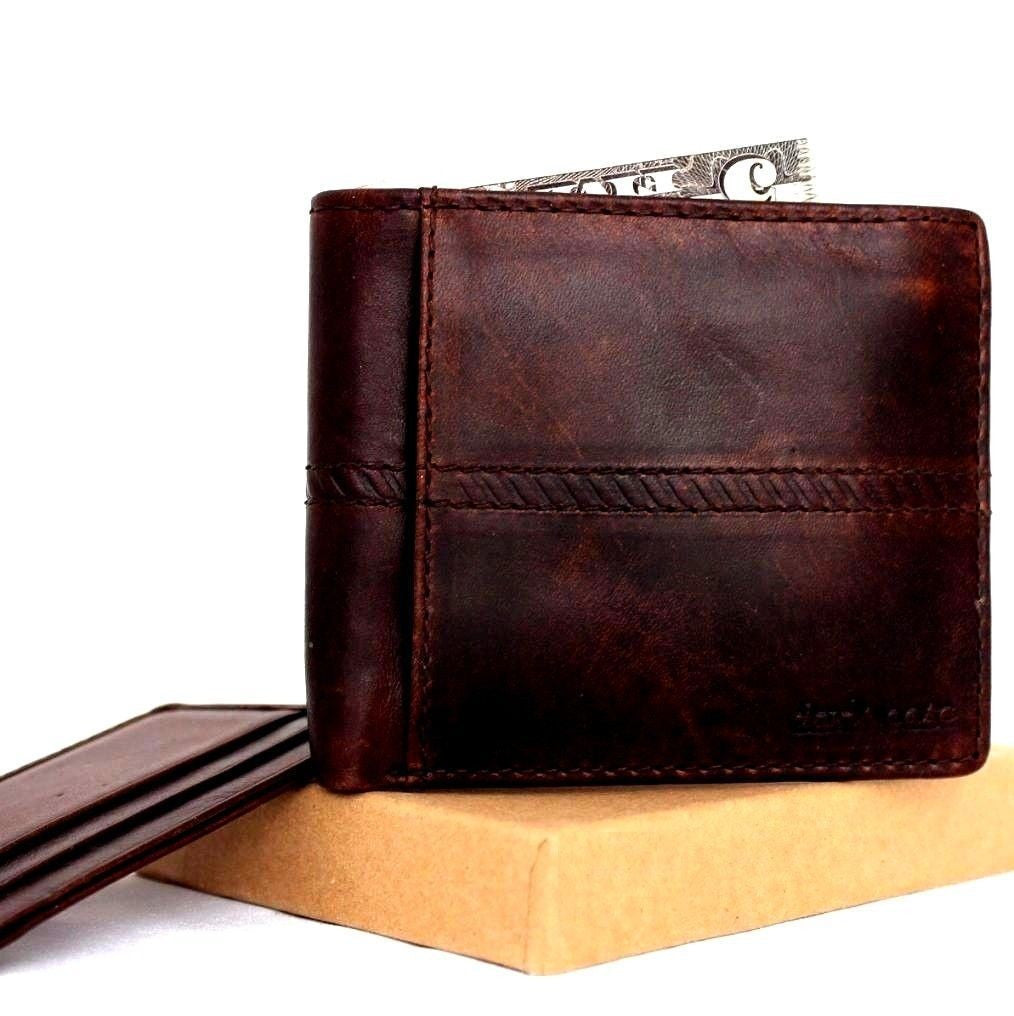 Brown genuine vintage leather men's wallet with 7 credit card slots, ID window, coin pocket, and bill compartment by DAVISCASE
