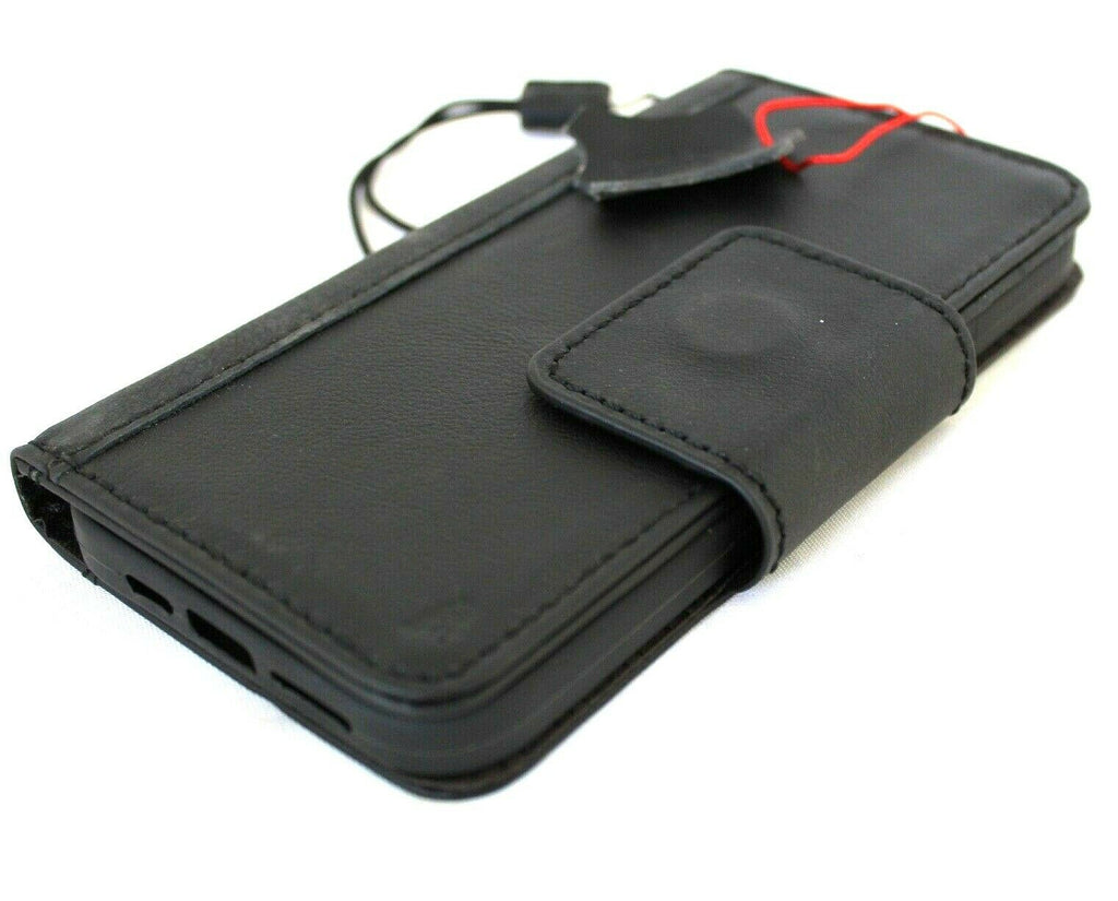 Black genuine leather iPhone 12 case by DAVISCASE with vintage book wallet design, credit card slots, magnetic closure, full grain leather
