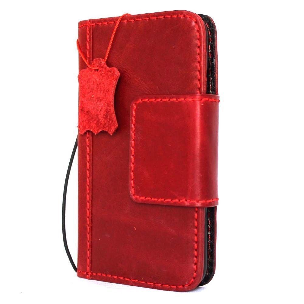 Genuine full leather red wine case for iPhone 8 with wallet card slots, magnetic closure, soft interior, and wireless charging compatibility