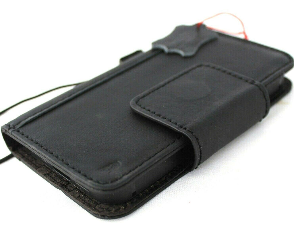 Genuine black leather iPhone 12 Mini case with vintage book wallet style, soft magnetic closure, handcrafted by DAVISCASE.