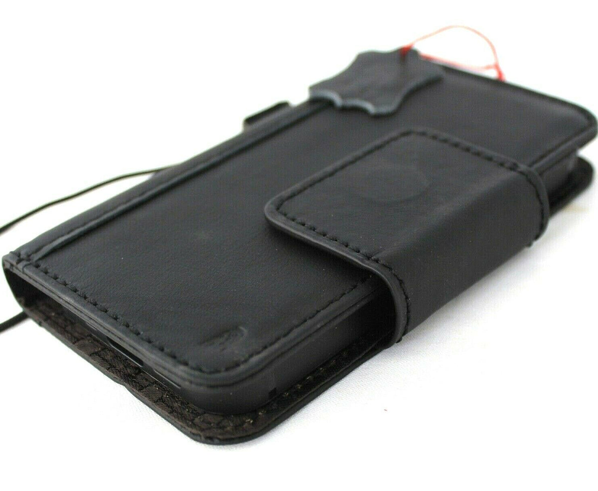 Genuine black leather iPhone 12 Mini case with vintage book wallet style, soft magnetic closure, handcrafted by DAVISCASE.