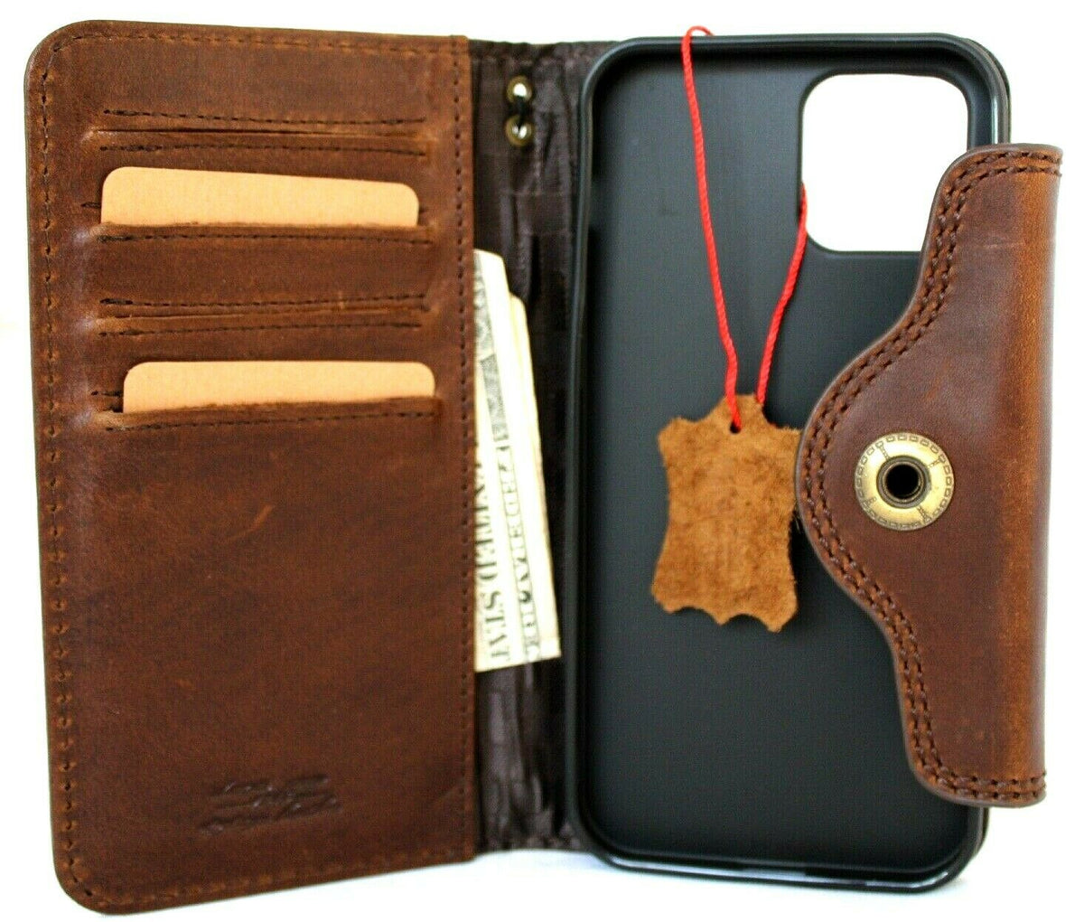 Genuine dark leather iPhone 12 Pro book wallet case by DAVISCASE with card slots, soft closure, vintage style, full grain leather.