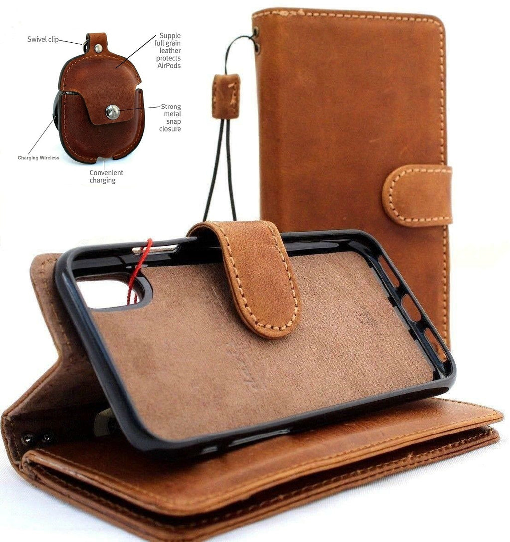 Genuine full soft leather iPhone XR case with wallet, credit holder, magnetic book design, removable AirPods 2 case by DAVISCASE