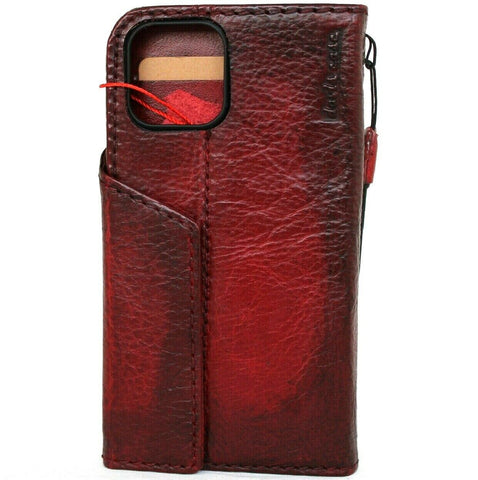 Genuine Hard Leather Wallet Case For Apple iPhone 12 Pro Max Book Credit Cards Slots Soft Cover Top Grain Wine red DavisCase