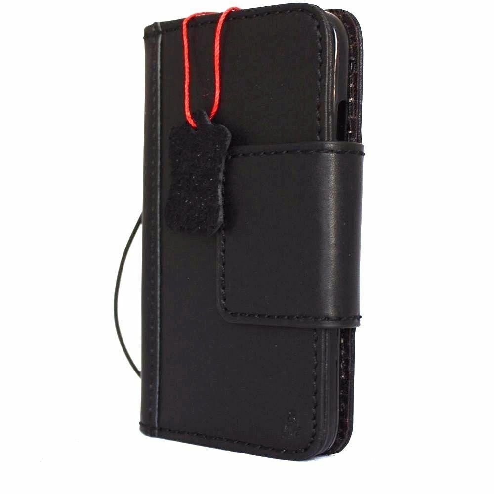 Black leather iPhone SE 2 case by DAVISCASE with wallet card slots, magnetic closure, soft interior, perfect for wireless charging.