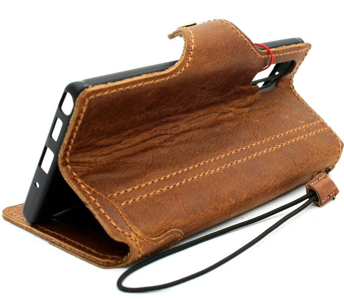 Genuine vintage tan leather Samsung Galaxy Note 10 Plus wallet case with card slots, rubber stand, and slim design by DAVISCASE.