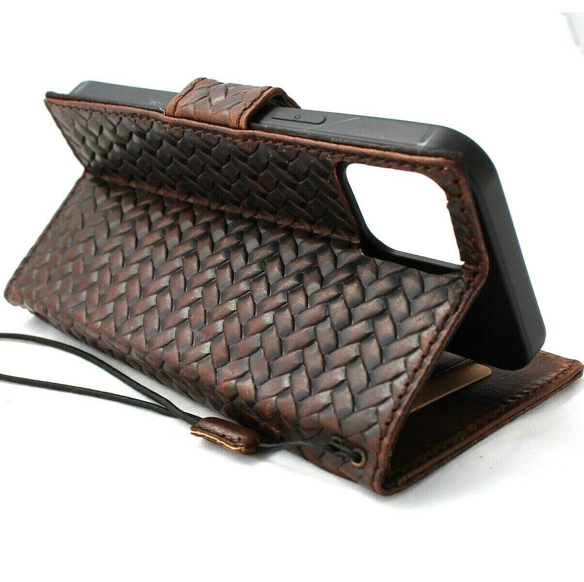 Genuine dark leather iPhone 11 Pro case by DAVISCASE with wallet design, credit card slots, ID window, and book-style cover.