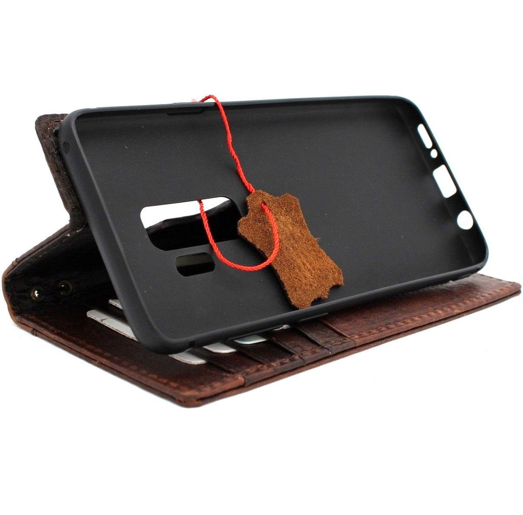 Handmade vintage leather Samsung Galaxy S9 Plus wallet case with card slots, embossed custom stamp, and wireless charging compatibility