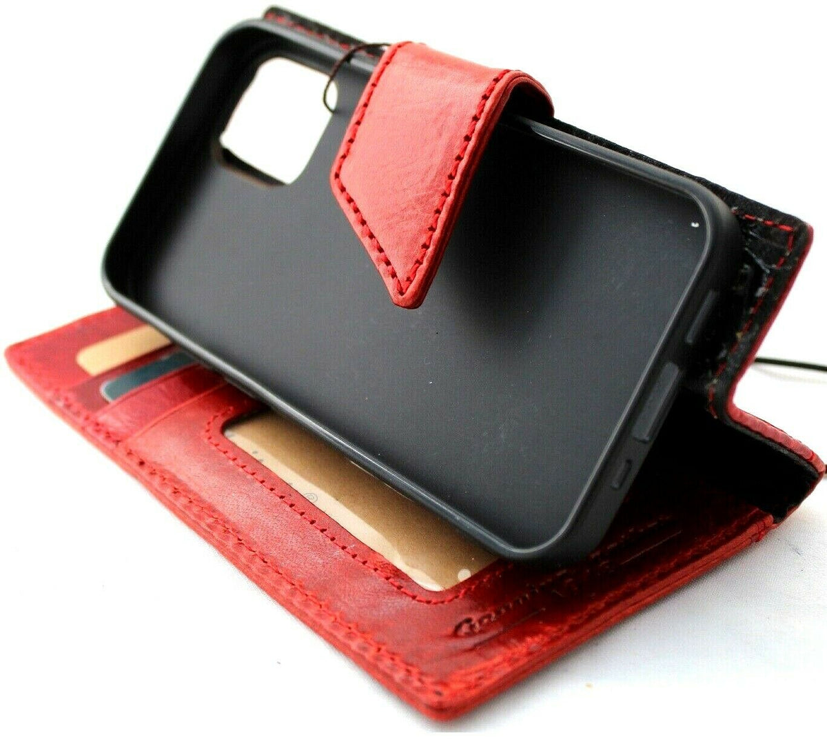 Genuine red leather phone case for iPhone 13 Mini with magnetic closure, slim wallet design, handmade by DAVISCASE