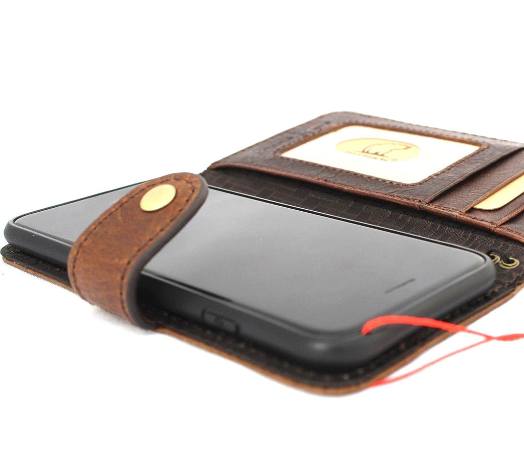 Handmade DAVISCASE genuine leather iPhone XR wallet case with vintage design, credit card slots, and wireless charging compatibility.