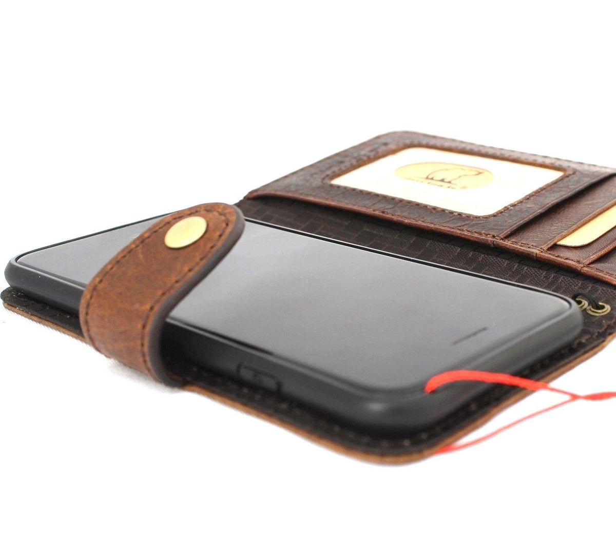Handmade DAVISCASE genuine leather iPhone XR wallet case with vintage design, credit card slots, and wireless charging compatibility.