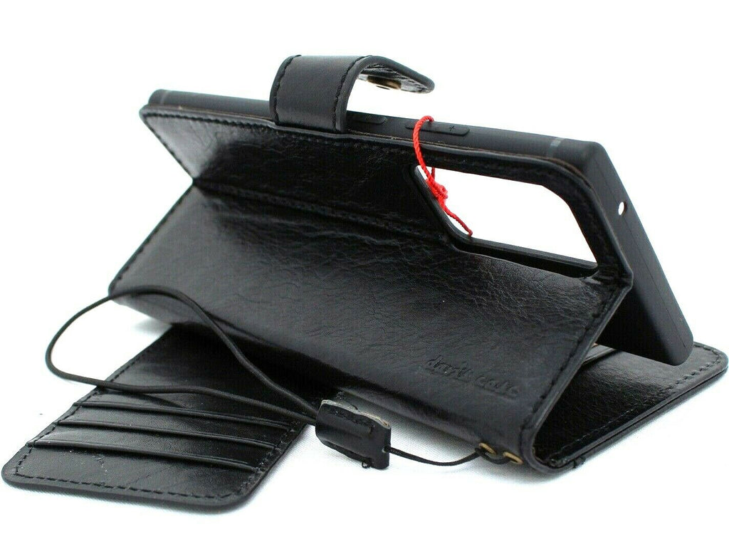 Black leather Samsung Galaxy Note 20 Ultra 5G wallet case with ID window and rubber holder by DavisCase, designed for wireless charging.