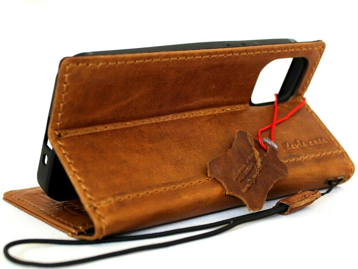Genuine tan soft leather phone case for iPhone 12 Mini by DAVISCASE, vintage design with ID window and card slots.