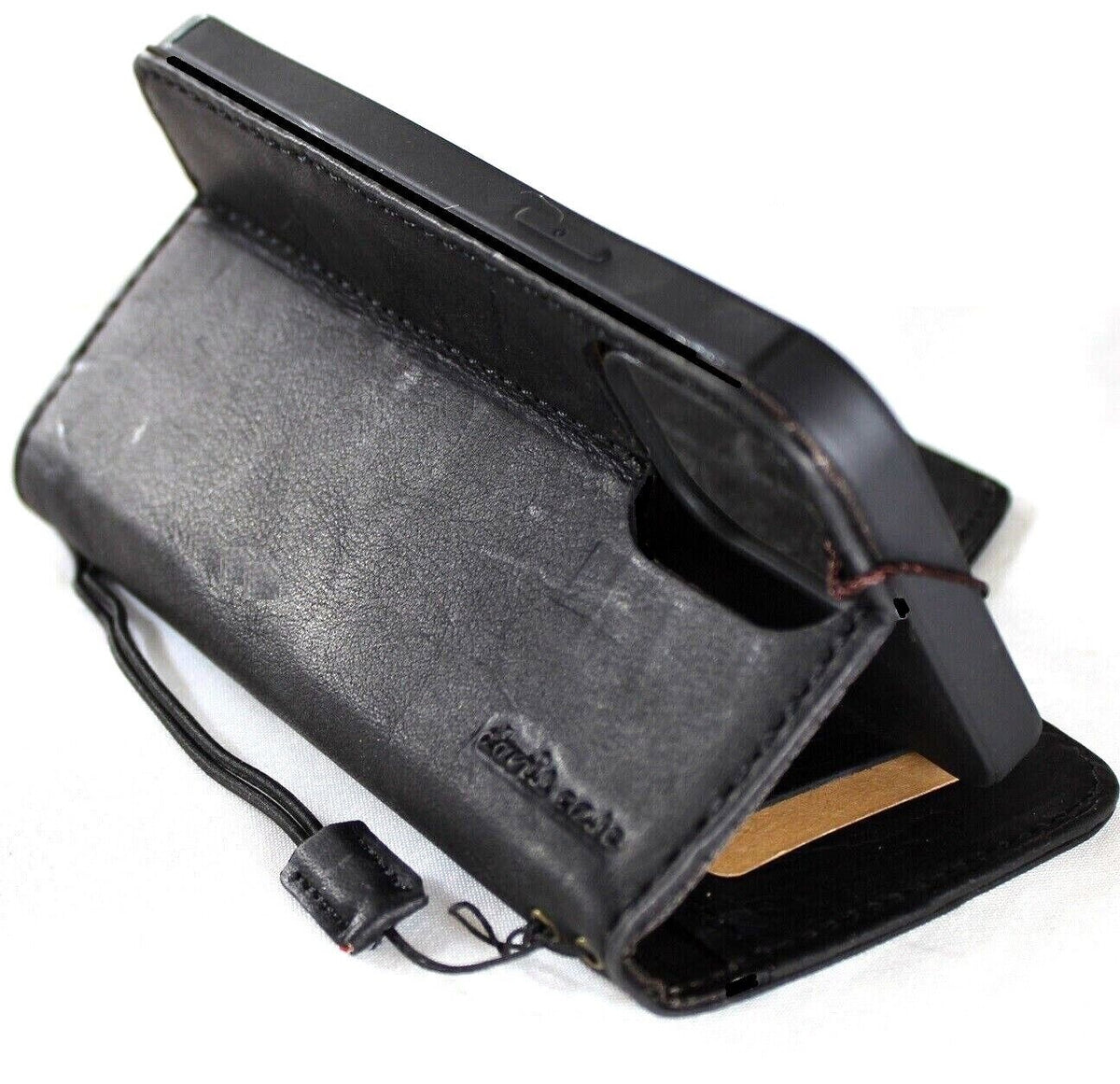 Handmade genuine leather phone case by DAVISCASE for iPhone 11-15 Pro Max, vintage style with ID window and credit card slots.