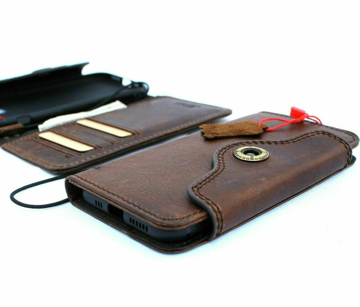 Handmade genuine leather wallet case for Apple iPhone 17 to 13 Pro Max, vintage style, full grain leather, DAVISCASE.