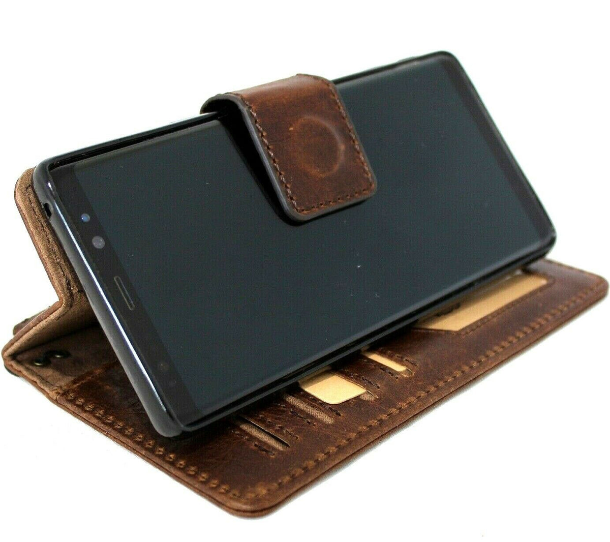 Genuine dark vintage leather Samsung Galaxy Note 9 wallet case with card slots, ID window, detachable design, and wireless charging support.