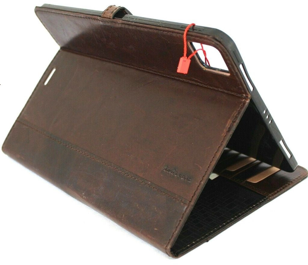 Vintage brown genuine leather iPad Pro 12.9 case by DAVISCASE with card slots, stand, magnetic closure for 2021 model.
