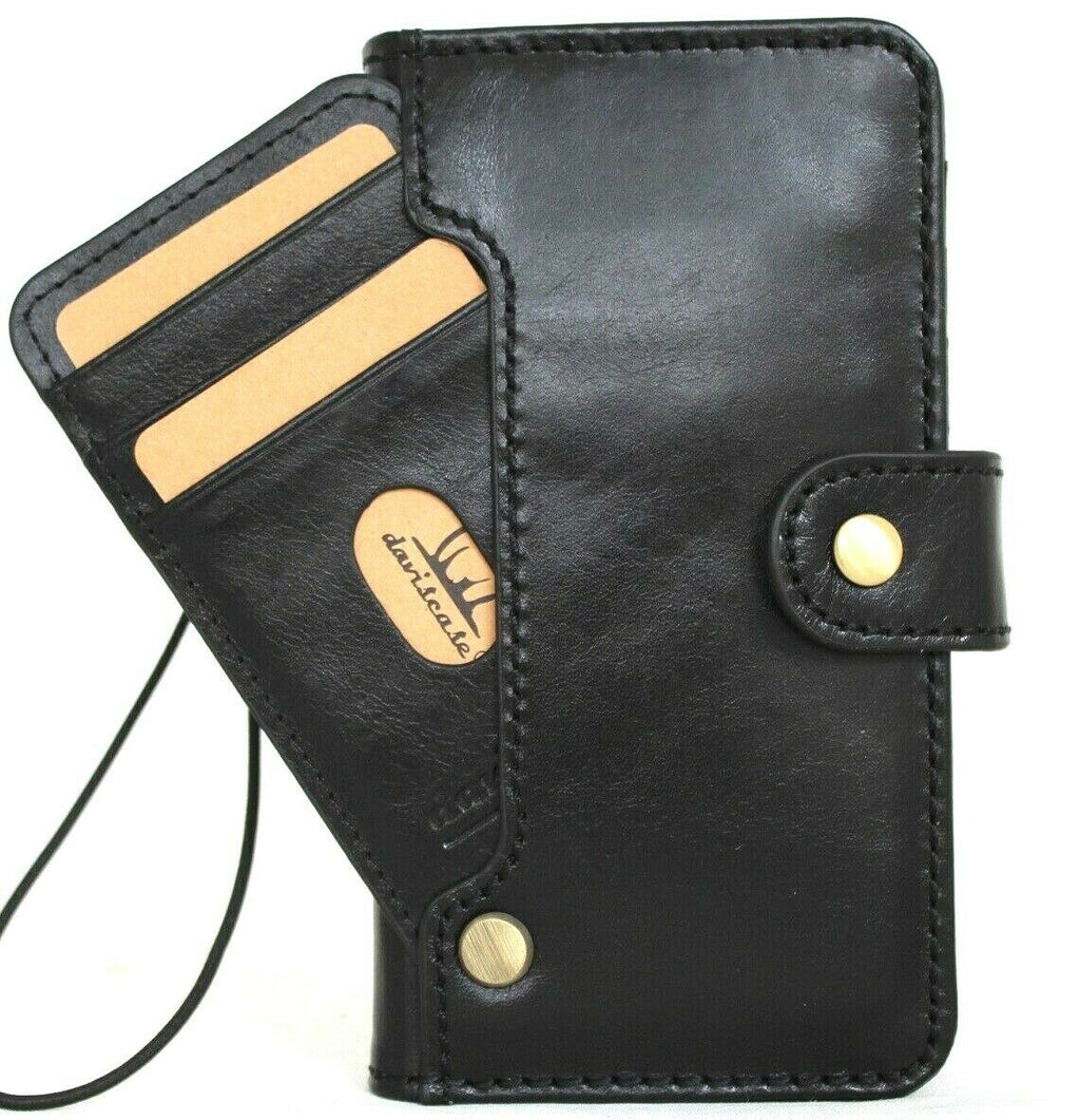 Black genuine leather iPhone 12 Mini case with vintage book wallet design, credit card slots, soft closure, by DAVISCASE.