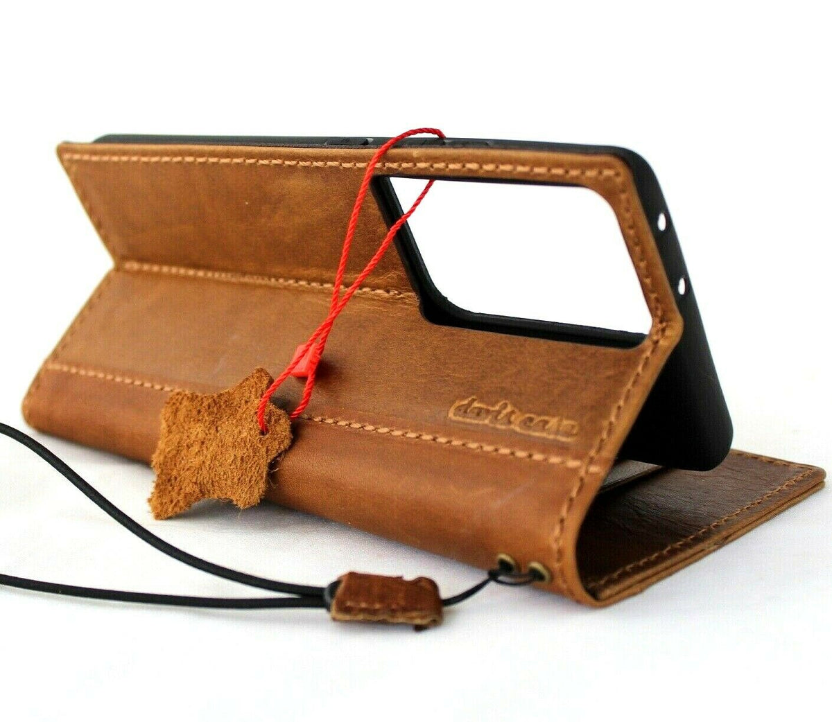 Leather case for Samsung Galaxy S21 Ultra by DAVISCASE featuring card slots, wallet design, wireless charging holder, and luxury rubber finish.
