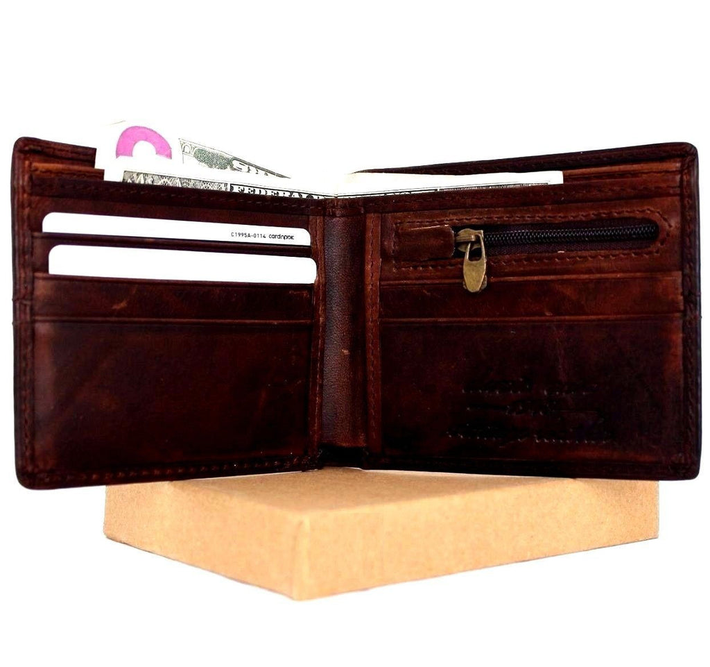 Vintage genuine leather men's bifold wallet with coin purse and removable ID slot, handcrafted by DavisCase® in rugged style.