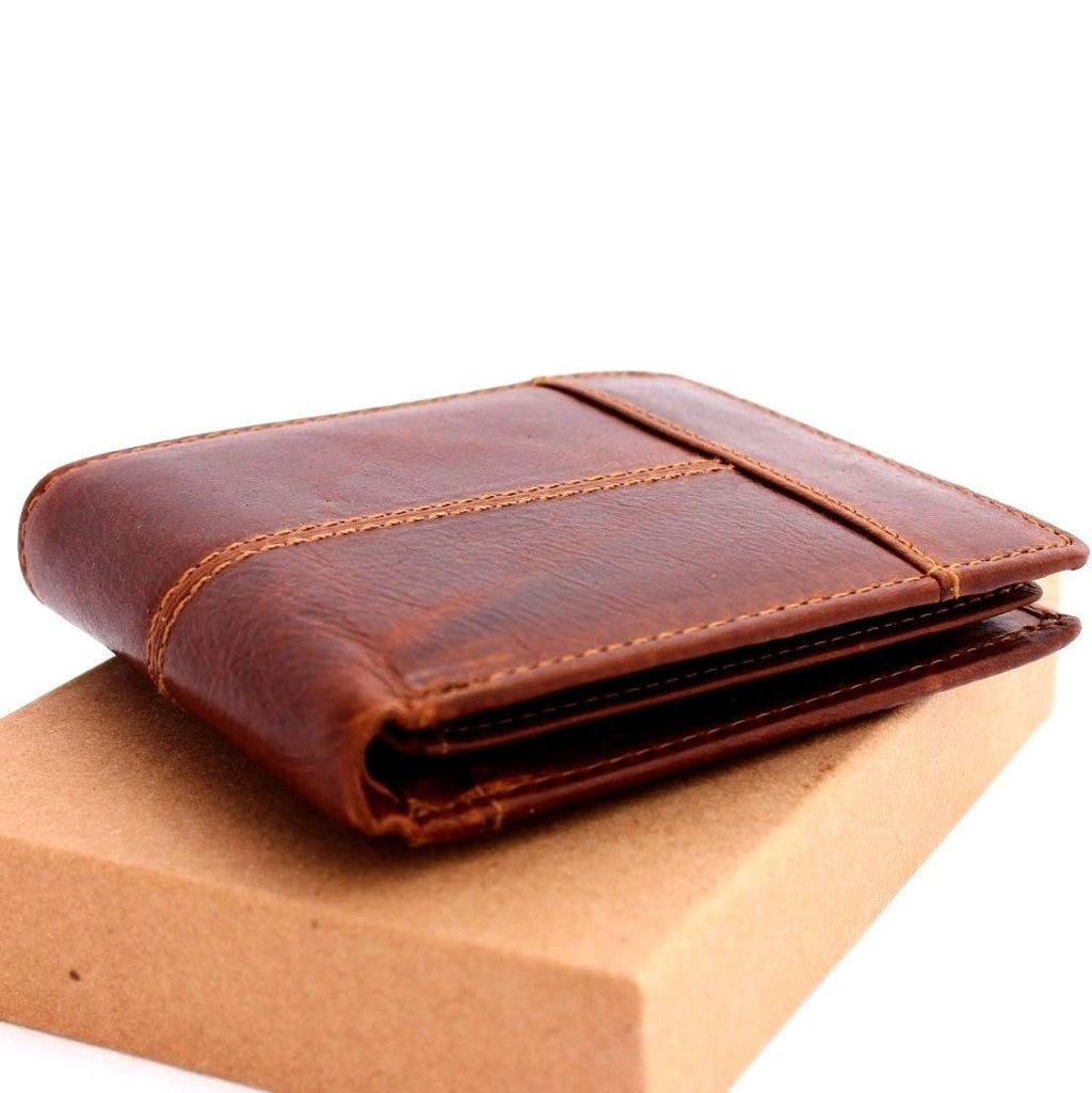 Men's full leather wallet by DAVISCASE featuring 8 credit card slots, ID window, and 2 bill sections in tan color.