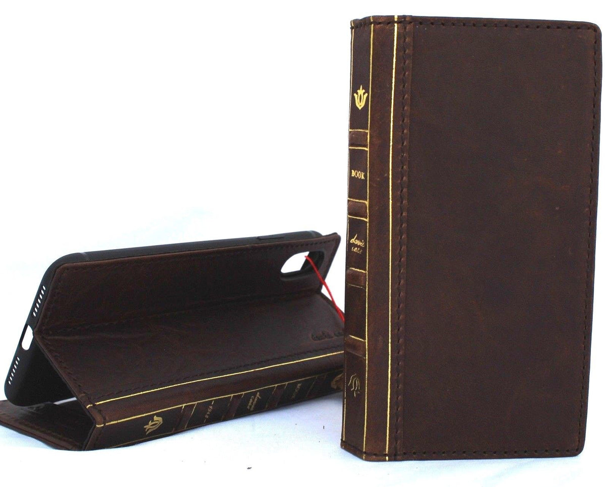 Handmade genuine leather phone case for Apple iPhone XS Max by DAVISCASE, featuring a slim wallet design with credit card slots.
