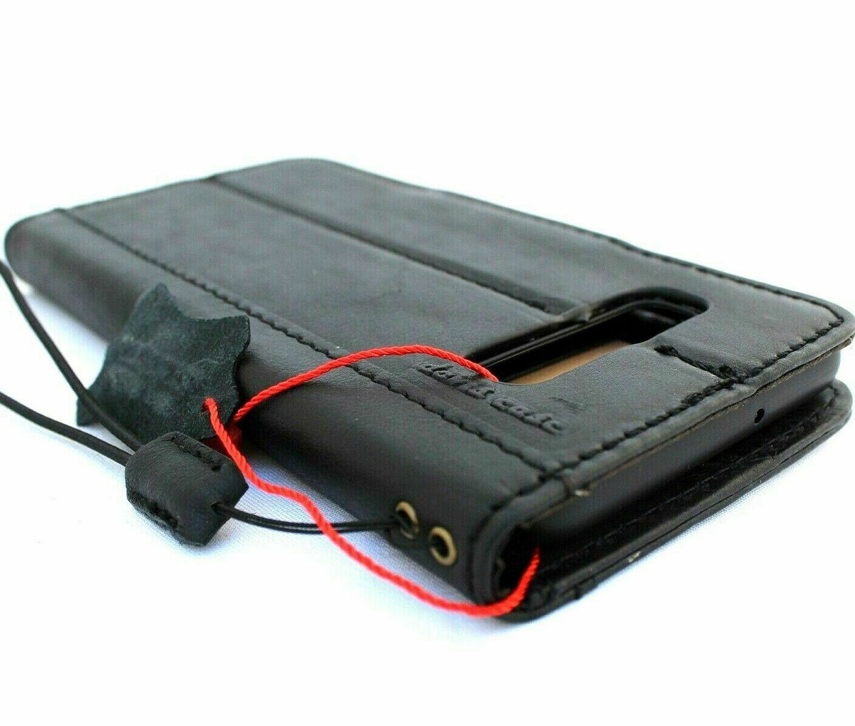 Black genuine leather wallet case for Samsung Galaxy S10 with card slots, wireless charging holder, and magnetic closure by DAVISCASE