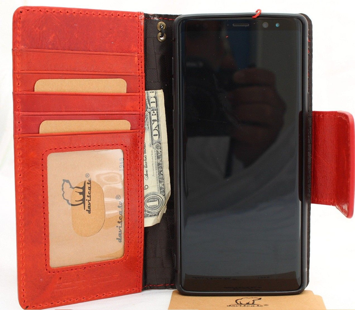 Red wine genuine vintage leather phone case for Samsung Galaxy Note 9 by DAVISCASE, with card slots and magnetic closure.