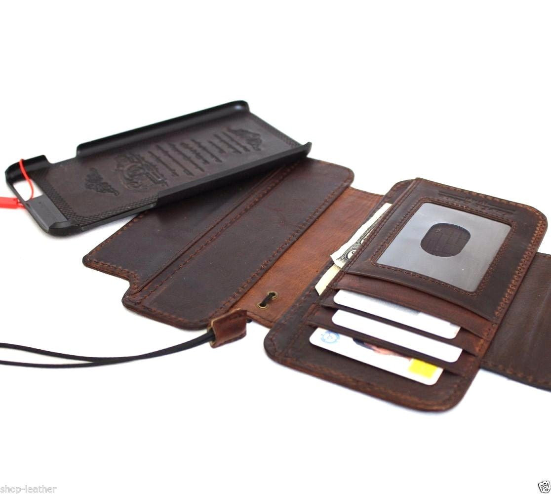 Genuine full leather removable case for iPhone 6s Plus, book-style wallet cover with credit card slots and magnet closure.