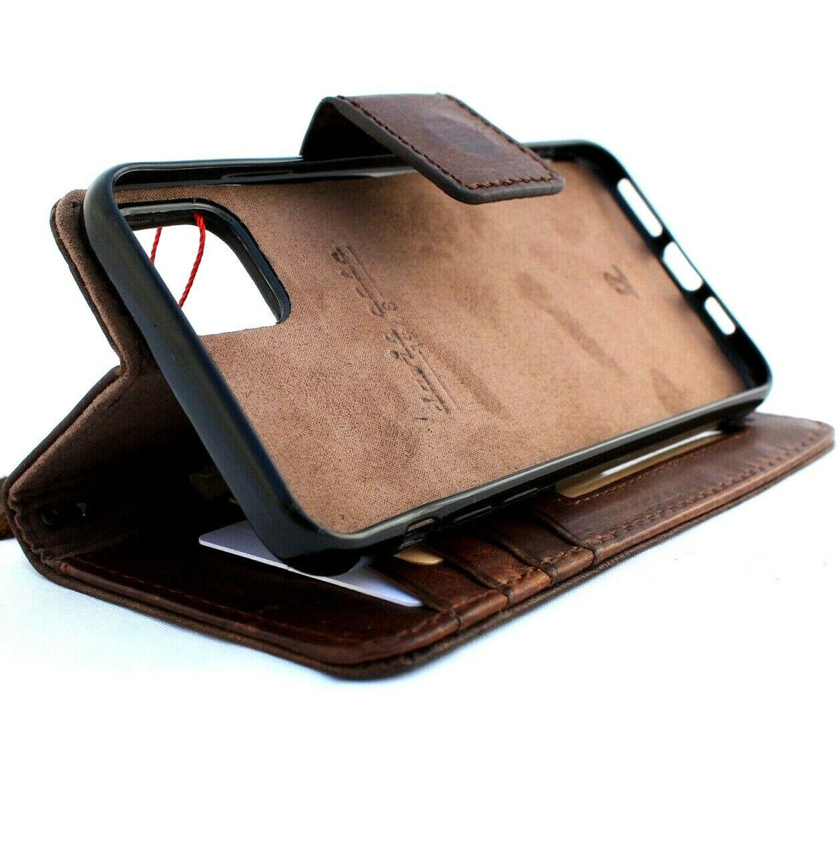 Handmade DAVISCASE leather iPhone 11 Pro Max wallet case with magnetic closure, card holder, and soft rubber interior.