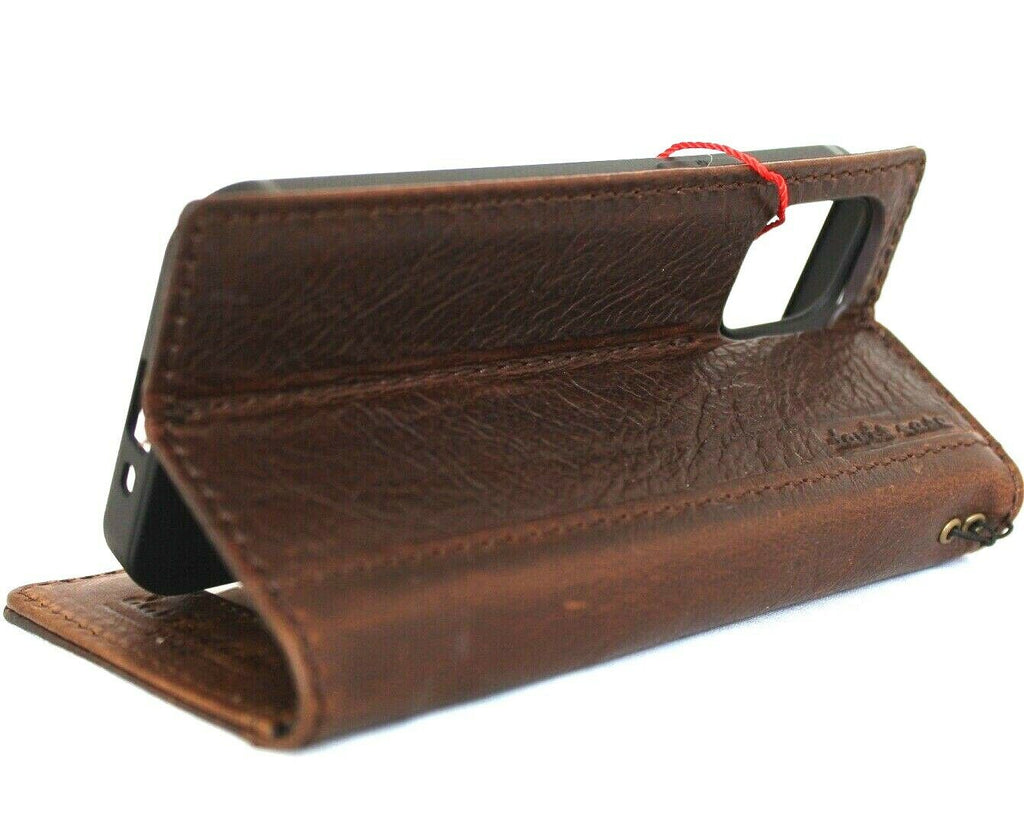 Genuine dark natural leather Apple iPhone 12 Mini wallet case by DAVISCASE, vintage design, slim soft cover with card slots.