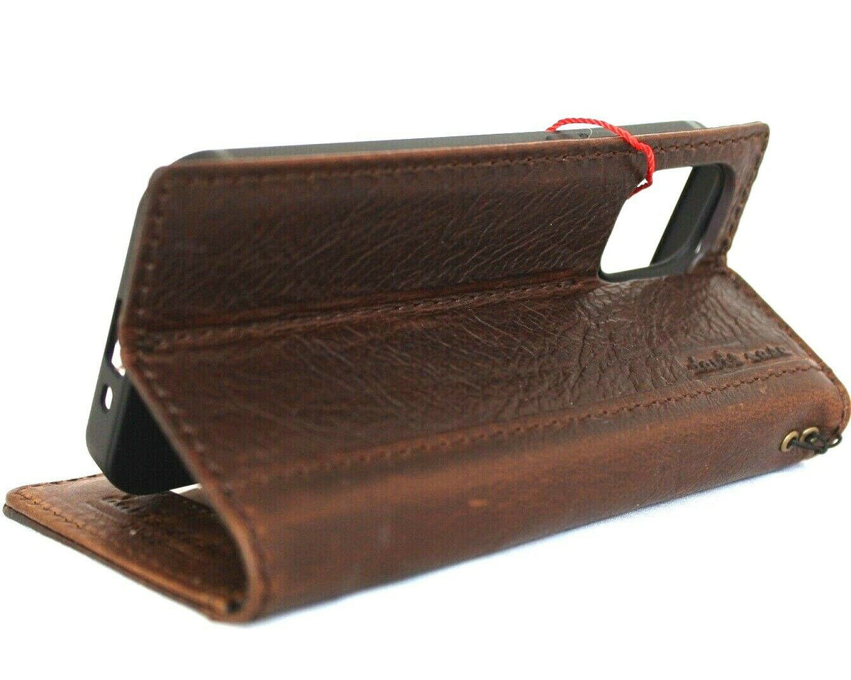 Genuine dark natural leather Apple iPhone 12 Mini wallet case by DAVISCASE, vintage design, slim soft cover with card slots.