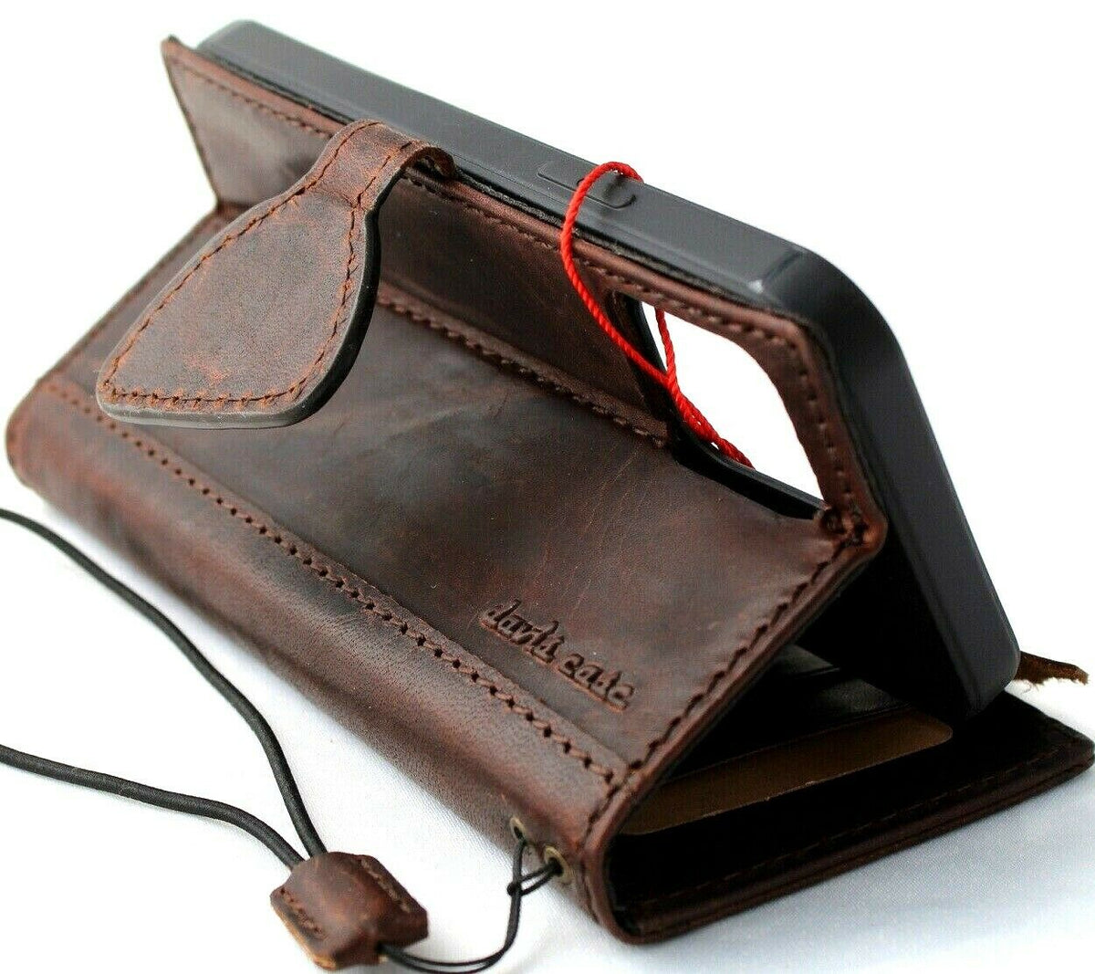 Handmade vintage leather iPhone 12 Pro case with card slots, ID window, magnetic closure, by DAVISCASE.