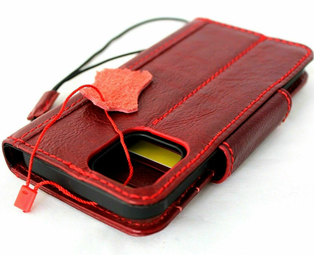 Handmade genuine red leather iPhone 12 Mini case with vintage book wallet design, soft magnetic closure, for DAVISCASE.