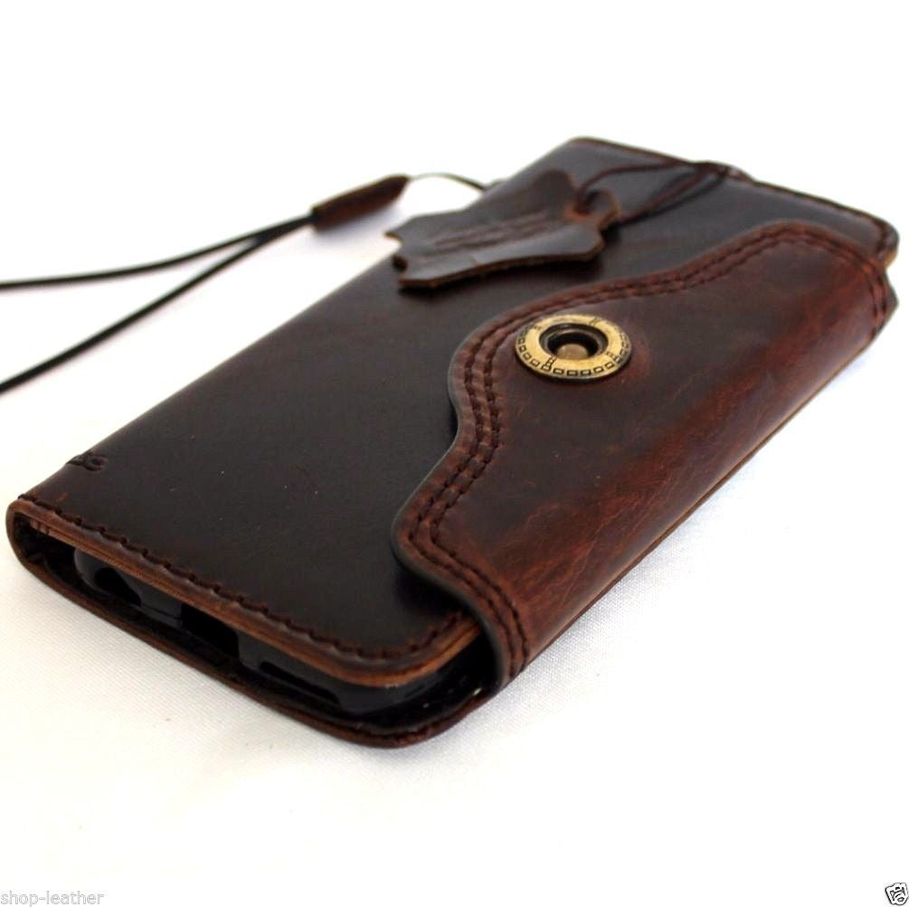 Handmade genuine Italian leather iPhone 6/6s case with wallet credit holder, featuring a book-style design and secure cover.
