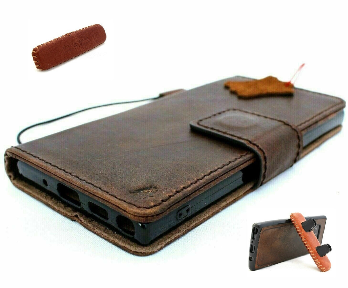 Genuine dark soft leather Samsung Galaxy Note 10 wallet case with ID window, stand, magnetic car holder, and handmade craftsmanship by DavisCase.