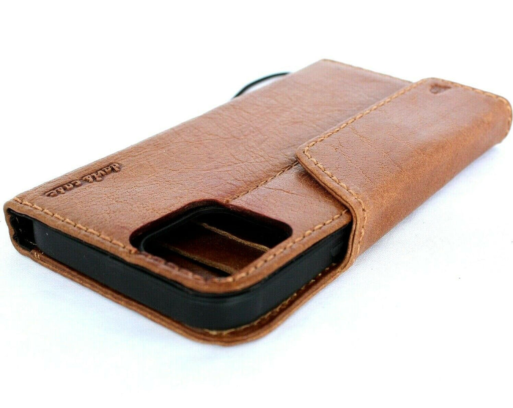 Genuine tan leather wallet case for iPhone 12 Pro Max by DAVISCASE, featuring credit card slots and soft top grain leather.