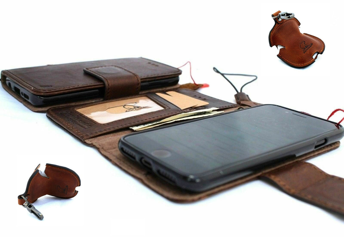 DAVISCASE genuine dark leather iPhone 8 wallet case with card slots, magnetic cover, detachable soft holder, and AirPods 2 case.