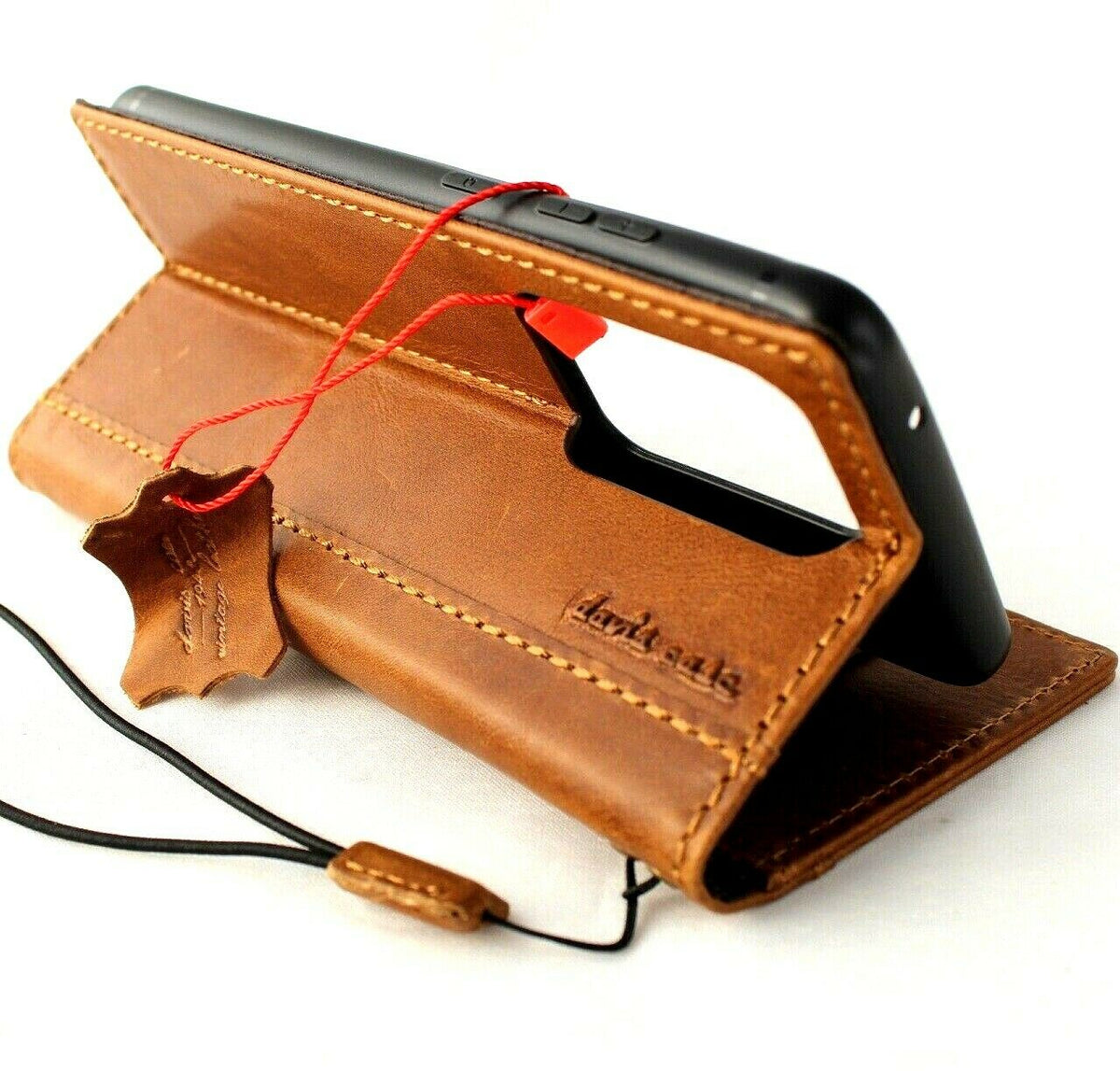 DavisCase genuine leather Galaxy S20 Ultra wallet case with card slots, wireless charging holder, and luxurious rubber accents.