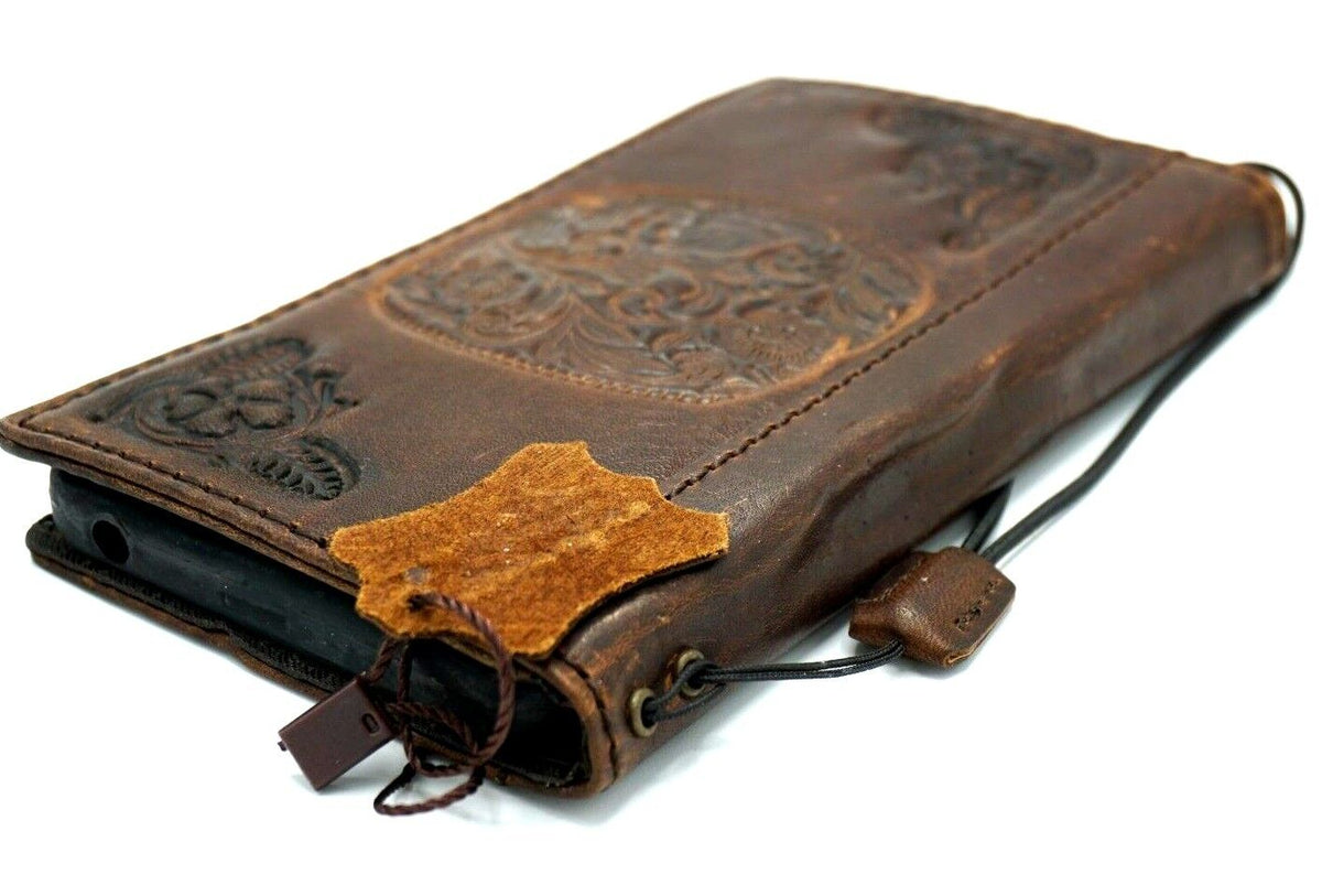 Leather phone case for iPhone 11-15 Pro Max and more, handmade by DAVISCASE with vintage tan design, credit card slots, and embossed details.