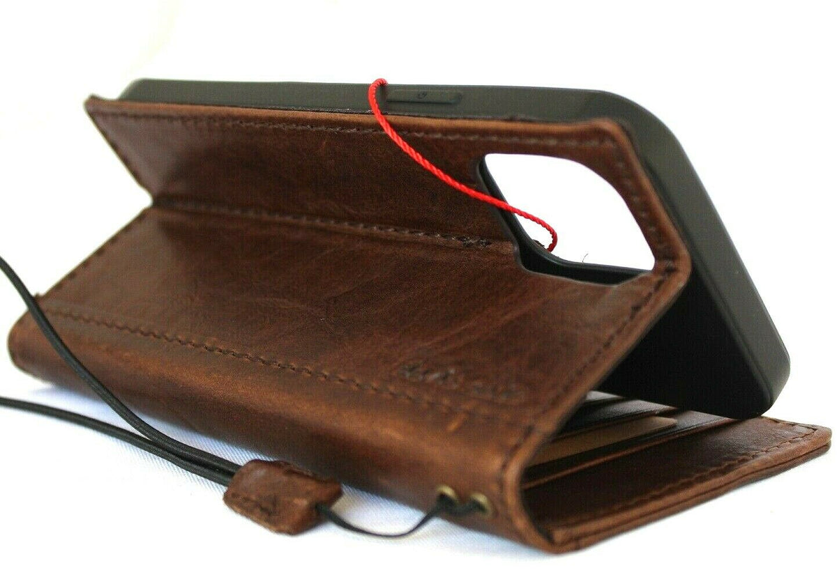 Genuine dark leather book wallet case for Apple iPhone 12 Pro with ID window and credit card slots, handmade by DAVISCASE.