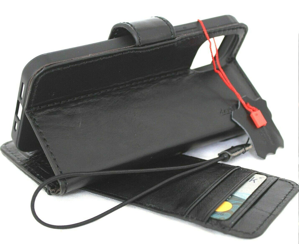 Handmade black leather iPhone 12 Pro case with ID window, credit card slots, vintage style, full grain soft cover by DAVISCASE