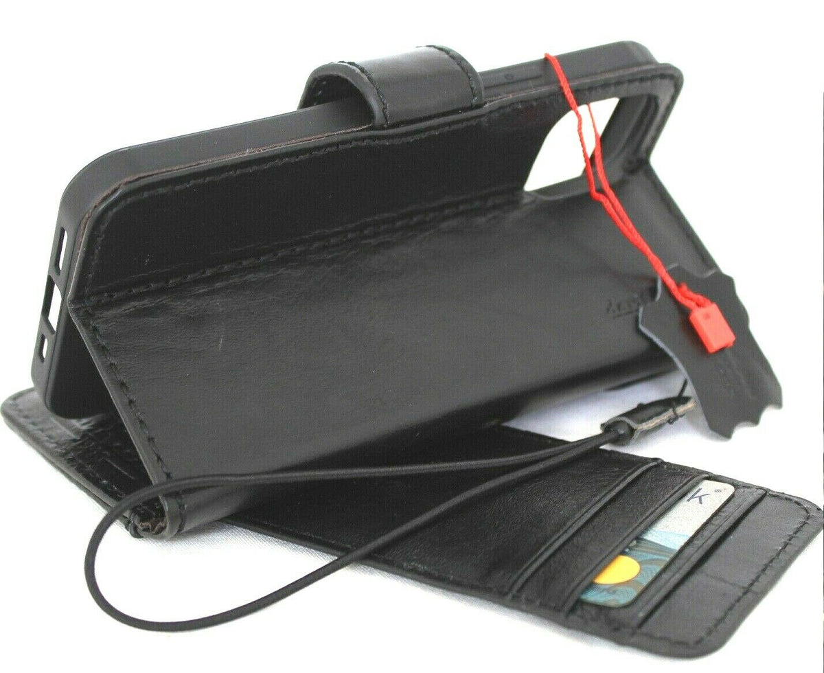 Handmade black leather iPhone 12 Pro case with ID window, credit card slots, vintage style, full grain soft cover by DAVISCASE